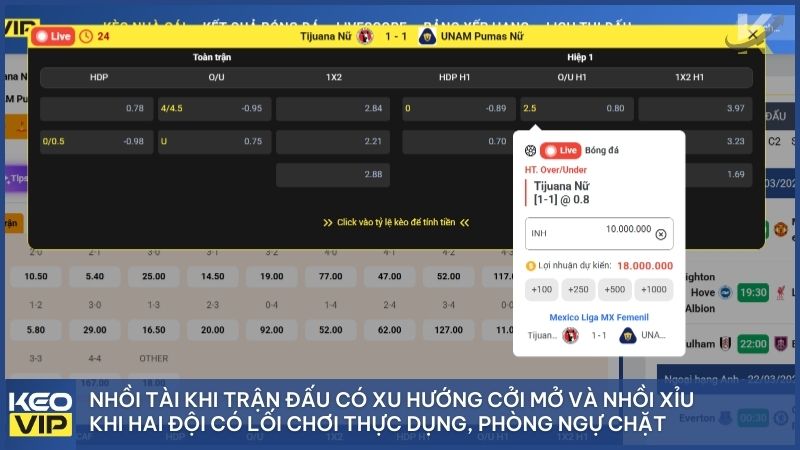 Kèo Tài Xỉu Là Gì? Cẩm Nang Chinh Phục Tỷ Lệ Cá Cược Tại Kèo Nhà Cái 5 3 Áp dụng chiến thuật nhồi Tài hoặc nhồi Xỉu dựa trên biến động tỷ lệ cá cược bóng đá thực tế.